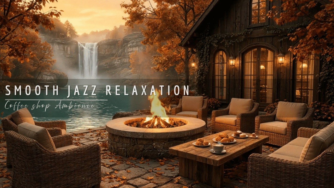 Cozy Fireplace Coffee Shop Jazz 🎷 Autumn Sunset Café with Peaceful Waterfall Background Sounds