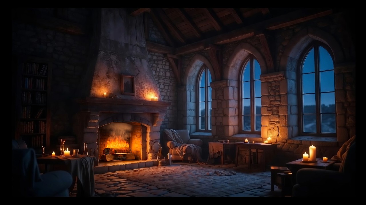 🏰🔥 Fireplace ASMR in a Medieval Hall | Epic Snowstorm Night ❄️🌙