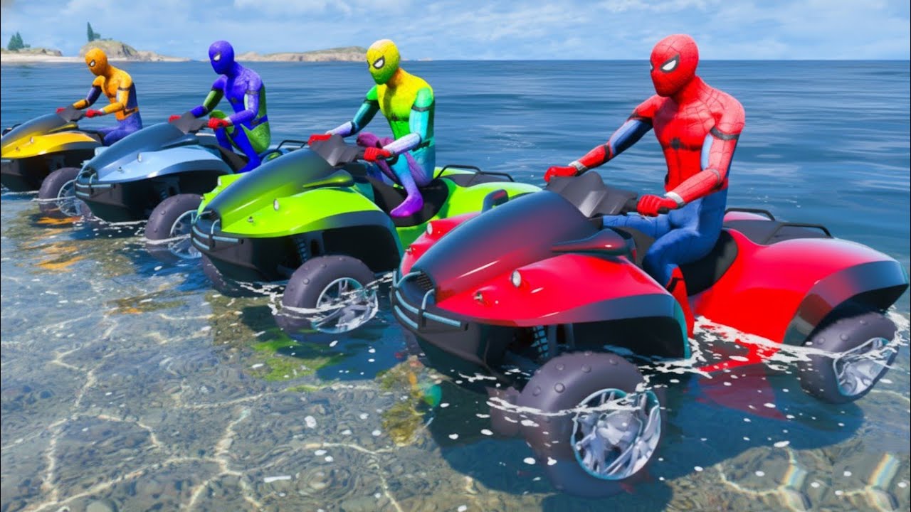 Spiderman and Aqua Blazer with Superheroes! Water Ramp Challenge - Jumping The Boat
