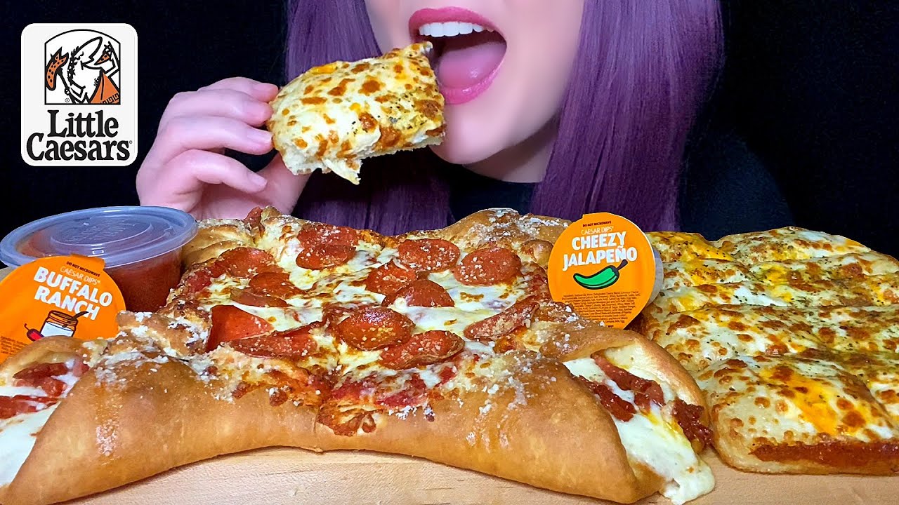 ASMR LITTLE CAESARS MUKBANG (NO TALKING) *NEW* CRAZY CALZONY PEPPERONI PIZZA + ZESTY CHEESE BREAD