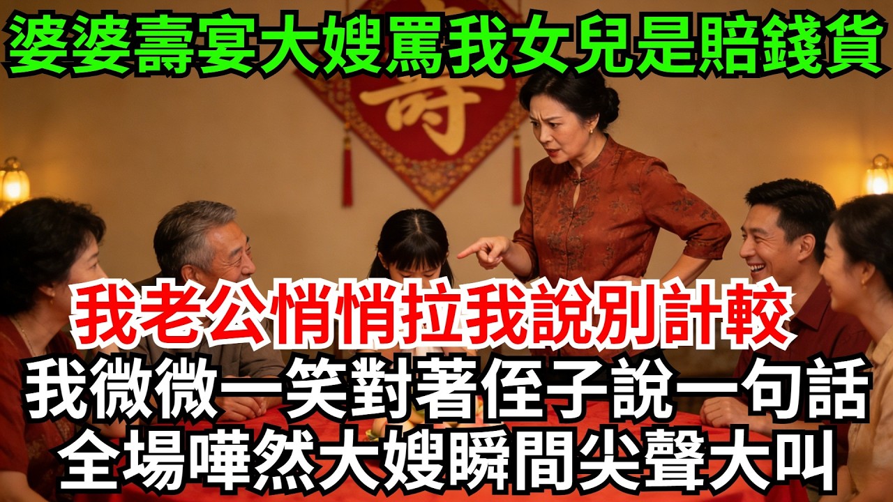 婆婆壽宴上大嫂當眾罵我女兒是賠錢貨，我老公悄悄拉我說別計較，我微微一笑對著侄子說了一句悄悄話，全場嘩然大嫂瞬間尖聲大叫!#完結故事#情感故事#爽文#婆媳關系#家庭生活#故事頻道#故事分享#情感#正能量