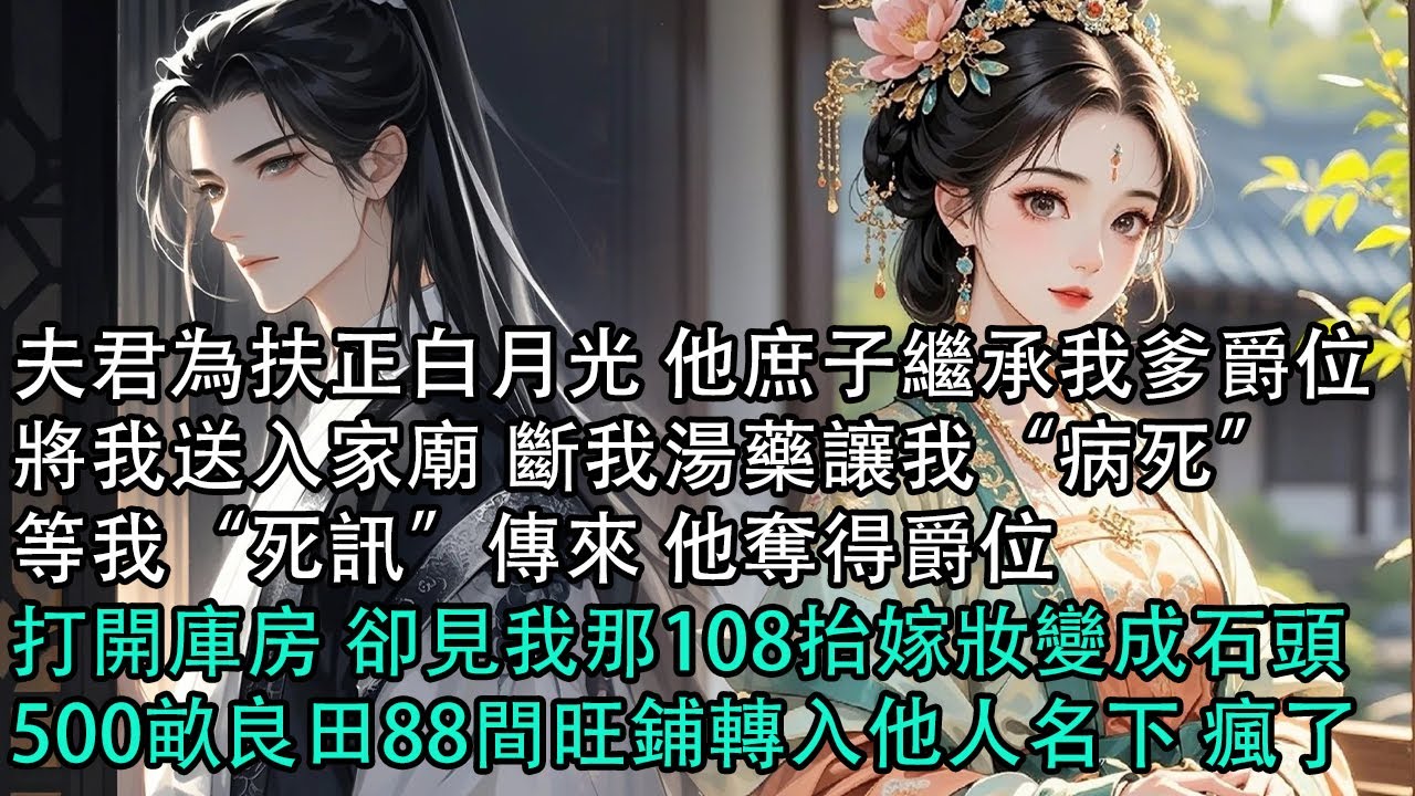 【一口氣看完】夫君為扶正白月光 他庶子繼承我爹爵位，將我送入家廟 斷我湯藥讓我“病死”，等我“死訊”傳來 他奪得爵位，打開庫房 卻見我那108抬嫁妝變成石頭，500畝良田88間旺鋪轉入他人名下 瘋了