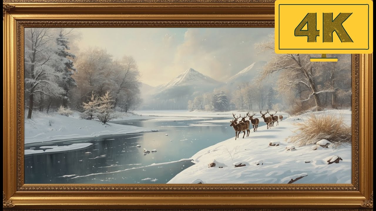 4K TV WALLPAPER Serene Winter River and Deer Landscape | Elegant Snowy Fine Art