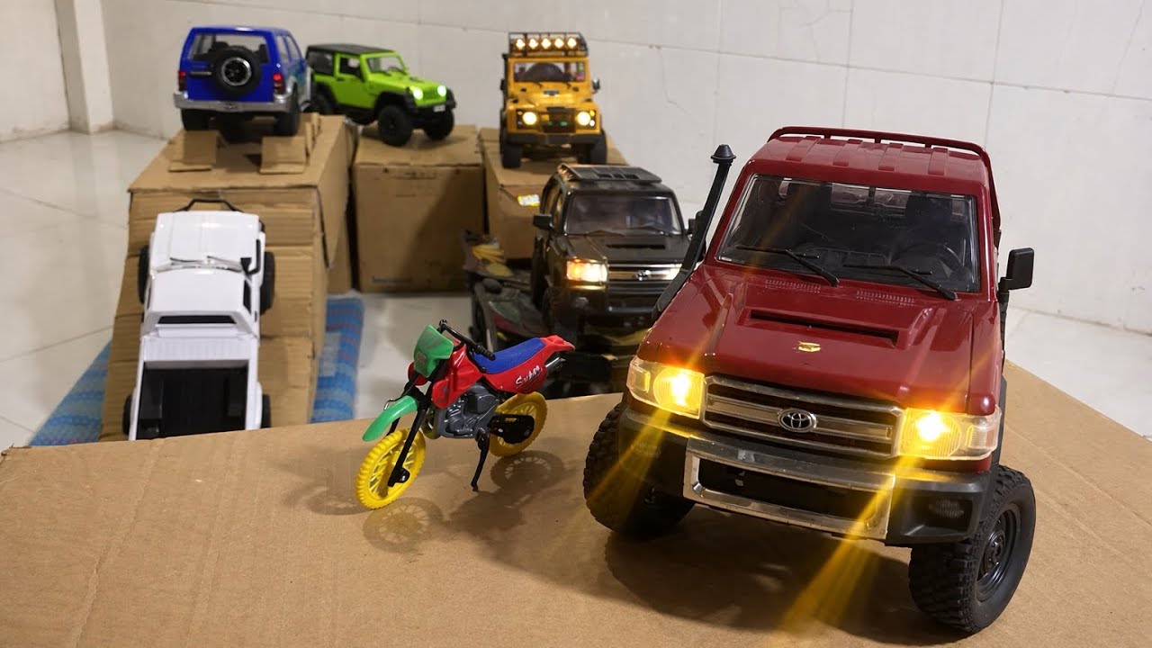 RC Off-Road Adventure | Two Toyota Defender Jeep Pajero & WPL Hilux Extreme Indoor Trail