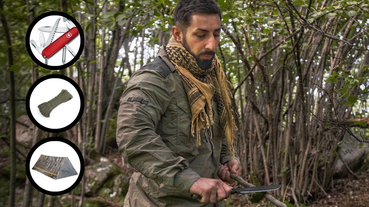 Riparo di Sopravvivenza con 3 oggetti: coltello, metallina e corda