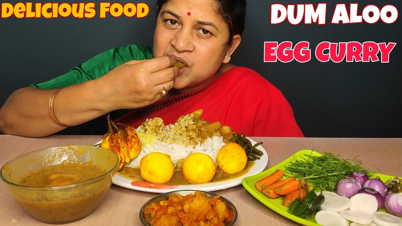 Dum Aloo,Egg Curry,Brinjal Fry,Sabji,Salad,Green Bean Fry With Rice Mukbang Eating Show