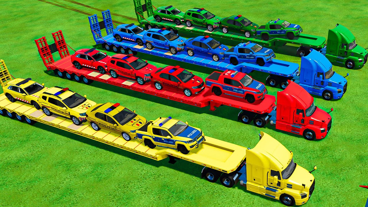 ALL POLICE CARS OF COLORS ! TRANSPORTING COLORED POLICE CARS with TRUCKS ! Farming Simulator 22