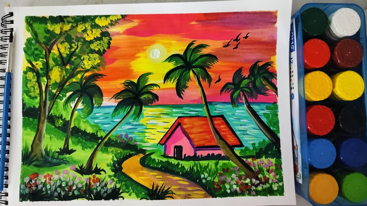 #1How to Draw Easy Scenery Step by Step | Peaceful Village Riverside Landscape#postercolour 