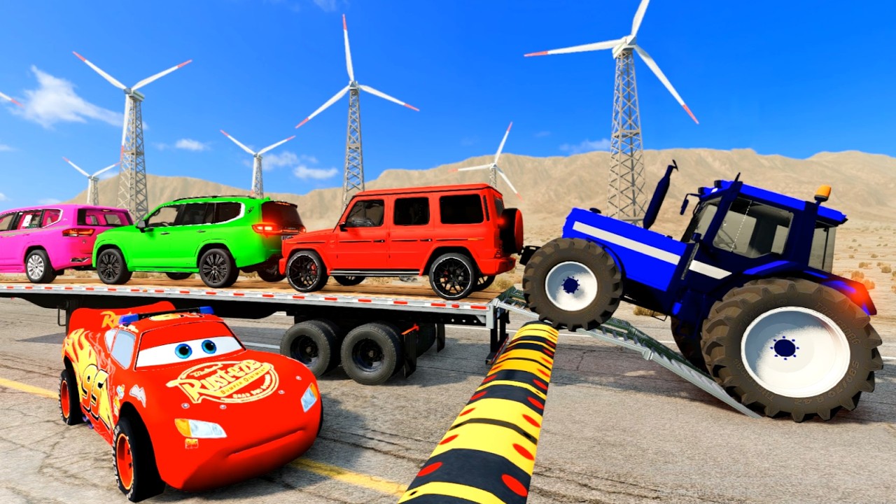 Flatbed Truck McQueen | Transportation with Truck - Pothole vs Car vs Speedbump #001 | BeamNG.Drive
