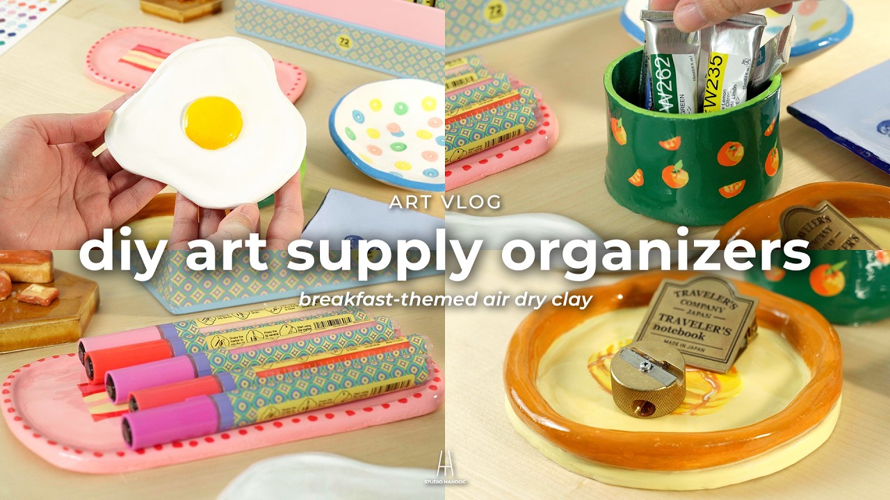 Breakfast-themed art supply organizers made from air dry clay 🍳🥞🥓 ft. Arrtx | Art vlog
