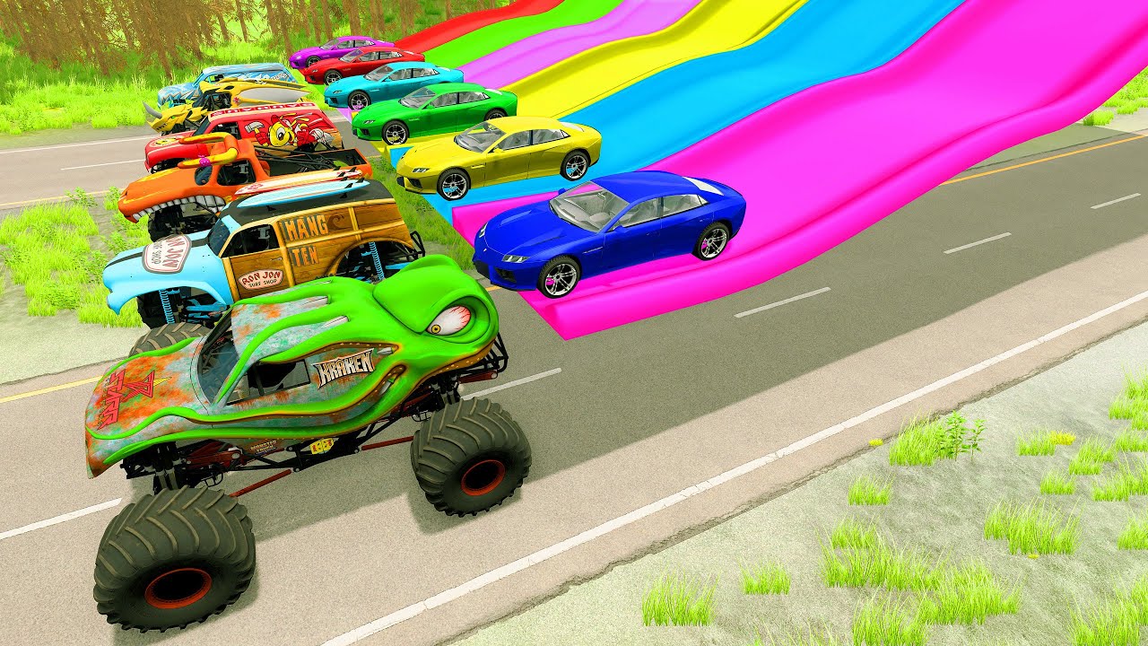 HT Gameplay Crash # 809 | Monster Truck vs Side Colors High Speed Potholes & Big Cars vs Speed Bumps