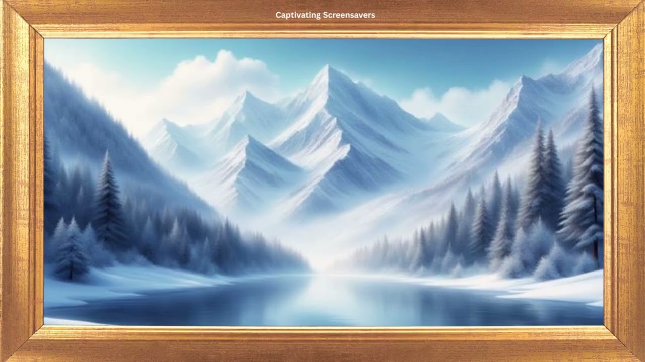 Mountains & Pine Trees Reflected in a Still Lake | Gold Frame | Winter TV Art Loop | No Sound