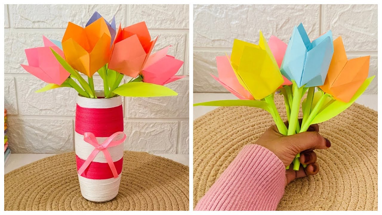 DIY Tulips 🌷 flowers |how to make tulips flowers with color paper|Easy origami tulips 