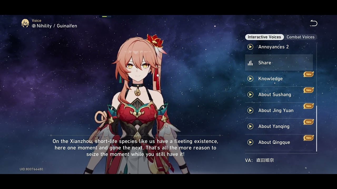 Honkai star rail Guinaifen all voice lines (jp dub/eng sub)