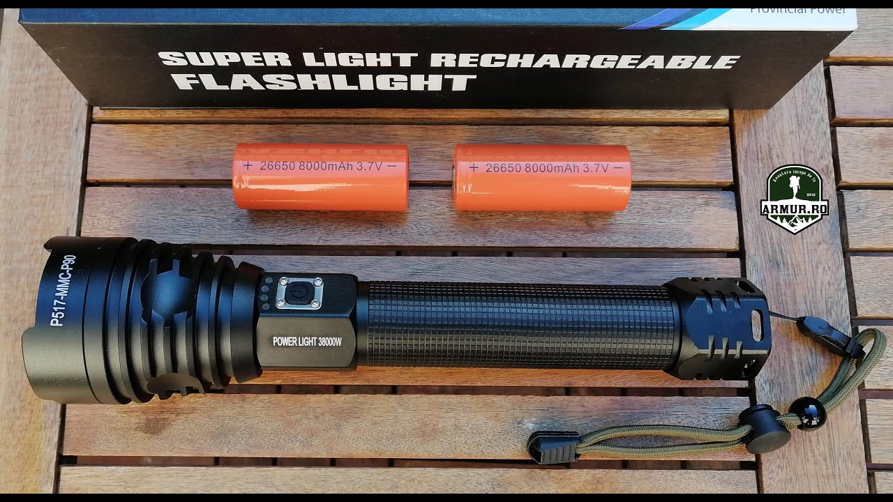 38000W Power Flashlight P90 Lanterna Puternica P517-MMC-P90 Rechargeable Review 2x 26650 Acumulator