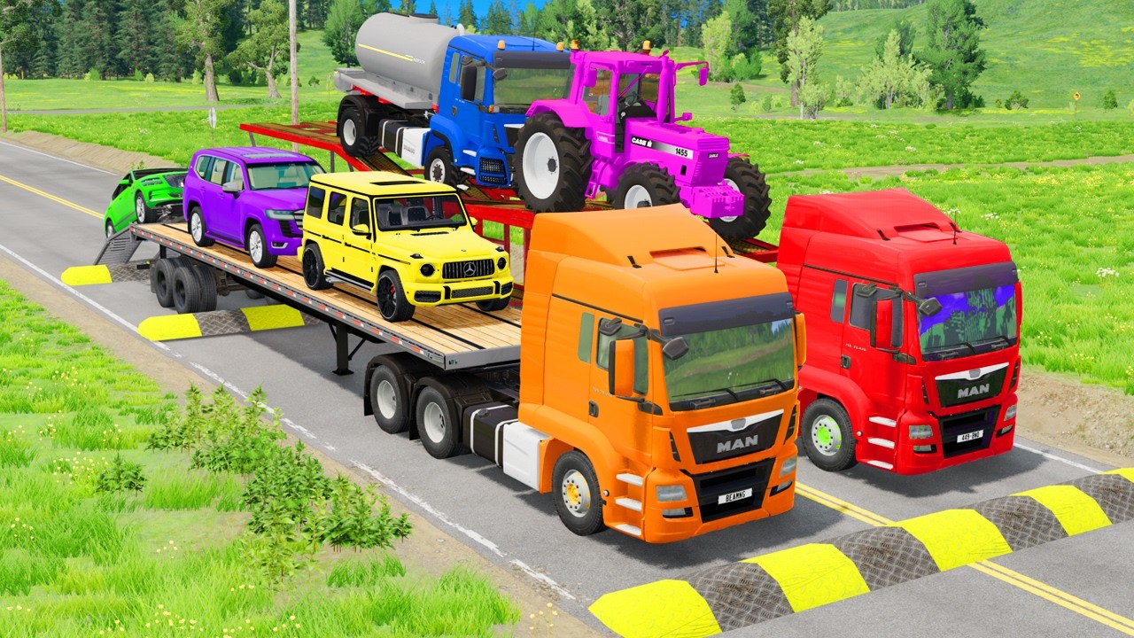 Flatbed Trailer McQueen | Transportation with Truck - Pothole vs Car #61 | BeamNG.Drive Gameplay