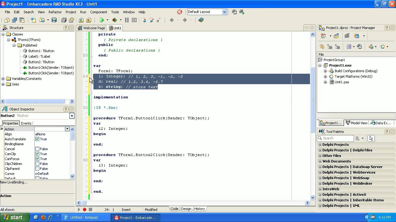 Learning to program Delphi tutorial 2 - Variables - Pascal - Rad Studio XE2