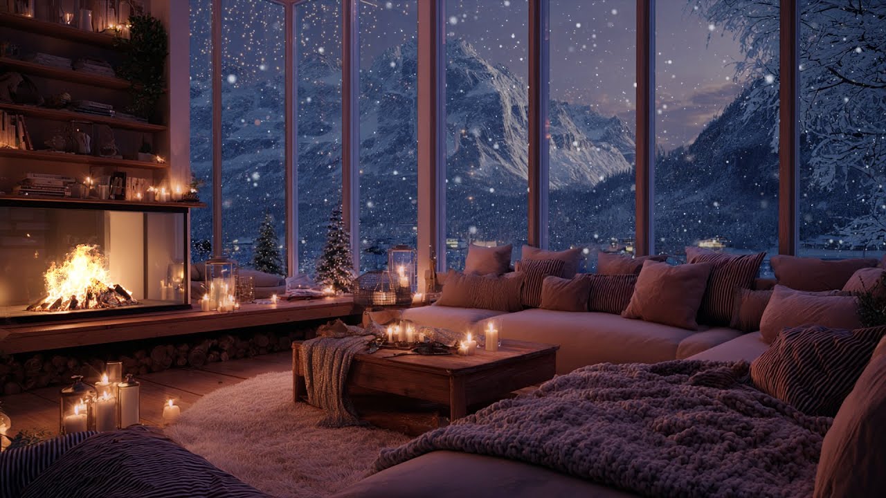 Soft Fireplace Sounds & Falling Snow Winter Ambience for Study and Deep Sleep