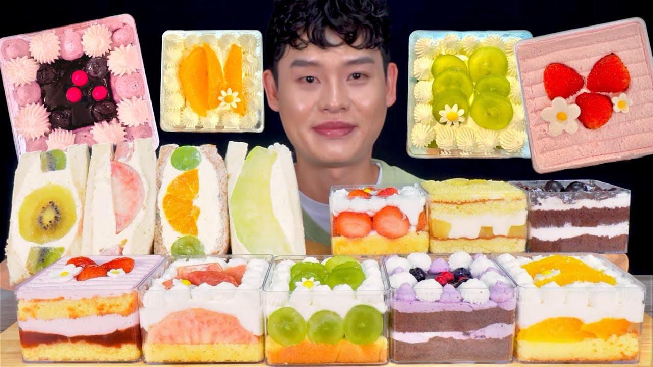 ASMR 😋복숭아 샤인머스켓 블루베리 오렌지 딸기 초코 고구마 컵케이크 생과일샌드 먹방~!! Fruit Cup Cakes With Fruit Sandwich MuKBang~!!
