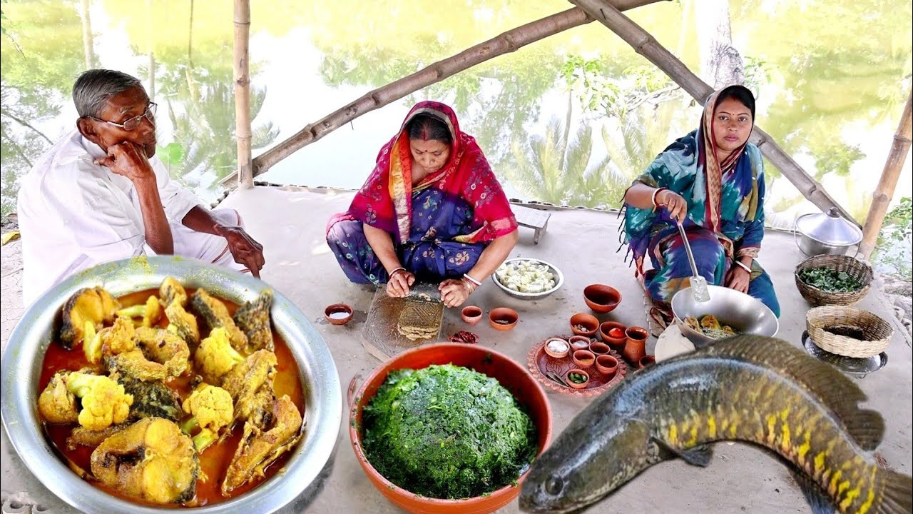 সম্পূর্ণ বাটা মশলায় ফুলকপি দিয়ে শোল মাছের ঝোল আর ফুলকপি পাতা বাটা রান্না||fish curry recipe