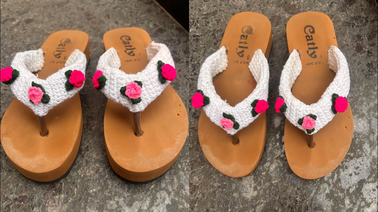 Crochet 🧶 Embroidery 🪡 Flip flops / crochet mini Rose flower / Easy and Quick pattern 
