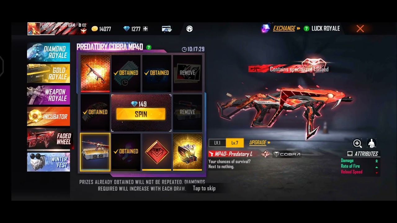 😎SPIN IN 👆COBRA MP40 SPIN FREE FIRE✨#spc #spcgaming #ff #freefiretamil