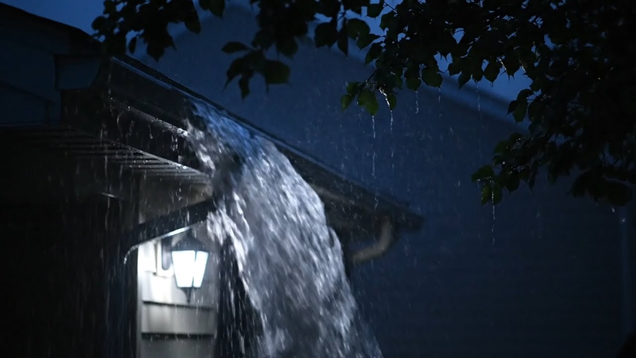 Night Downpour Cascading from a Home Gutter — Heavy Rain for Sleep