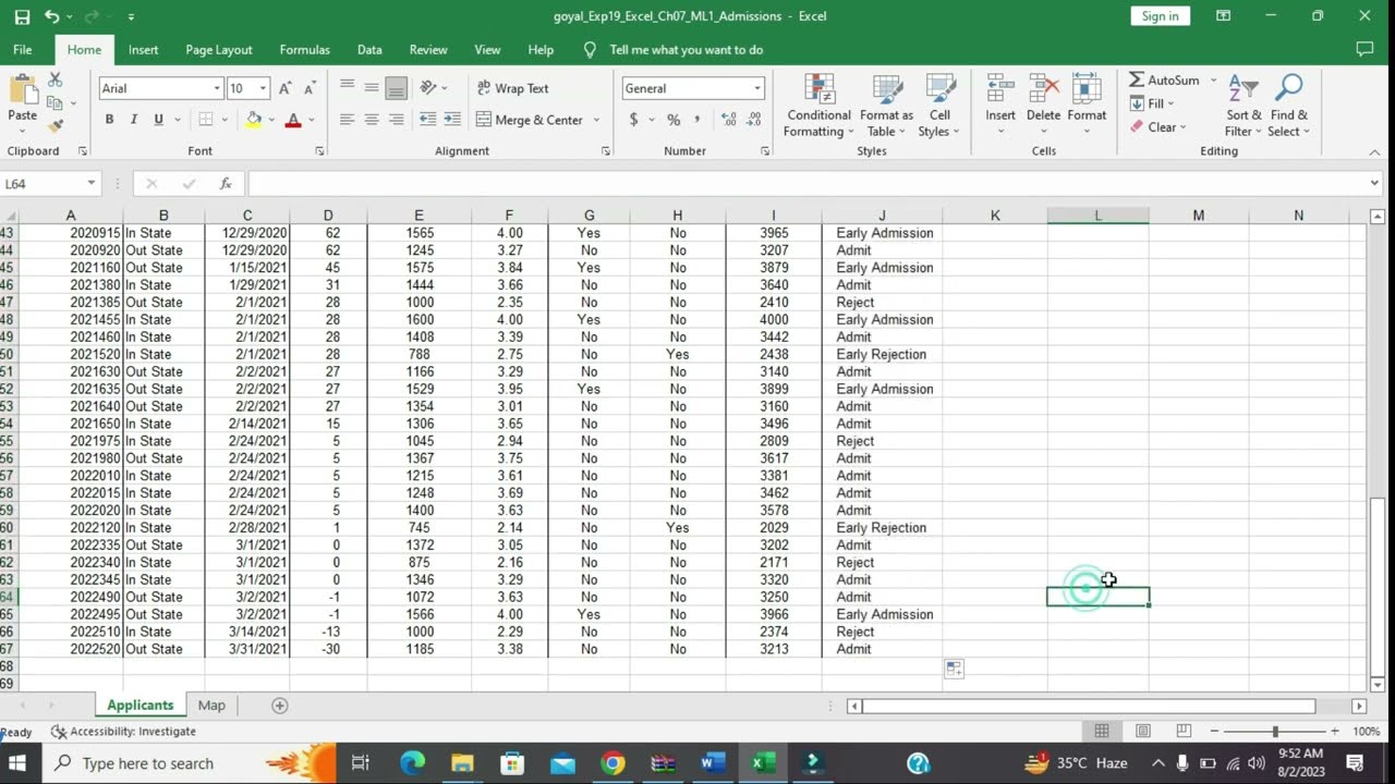 Exp19_Excel_Ch07_ML1_Admissions | Mid Level 1 Admissions | Chapter 07 ML1 Admisssions