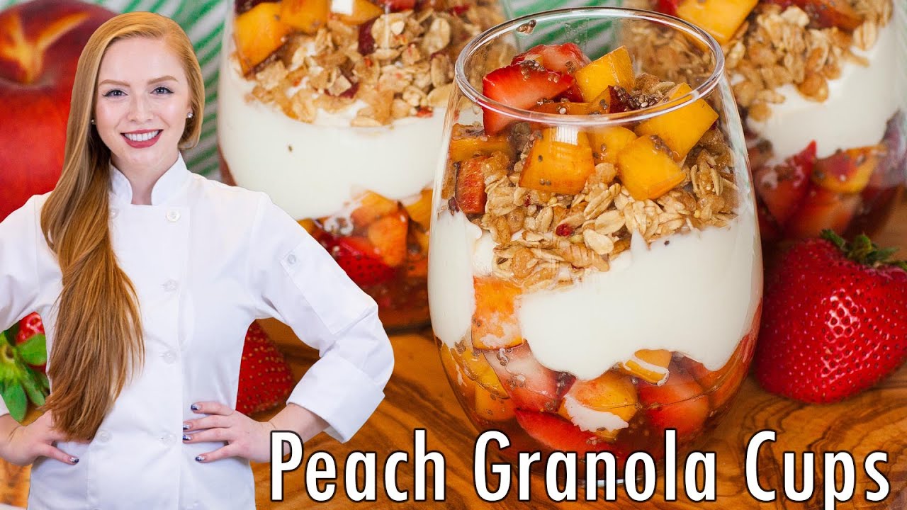 EASY Peach Granola Cups with Yogurt, Strawberries & Diced Peaches! With Honey!!