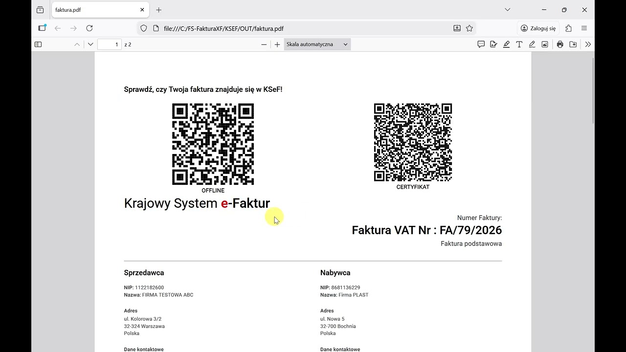 KSeF 2.0 - FS-Faktura SQL - Wydanie faktury w trybie OFFLINE