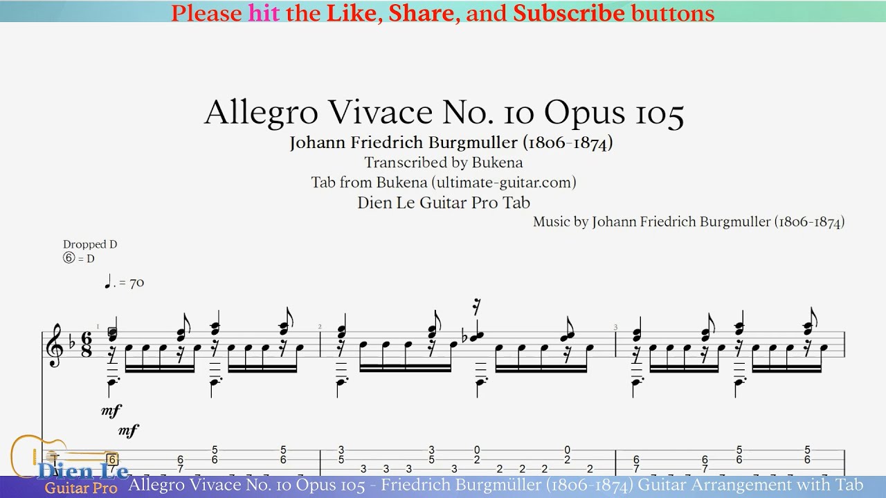 Allegro Vivace No. 10 Opus 105 - Friedrich Burgmüller (1806-1874) Guitar Arrangement with Tab