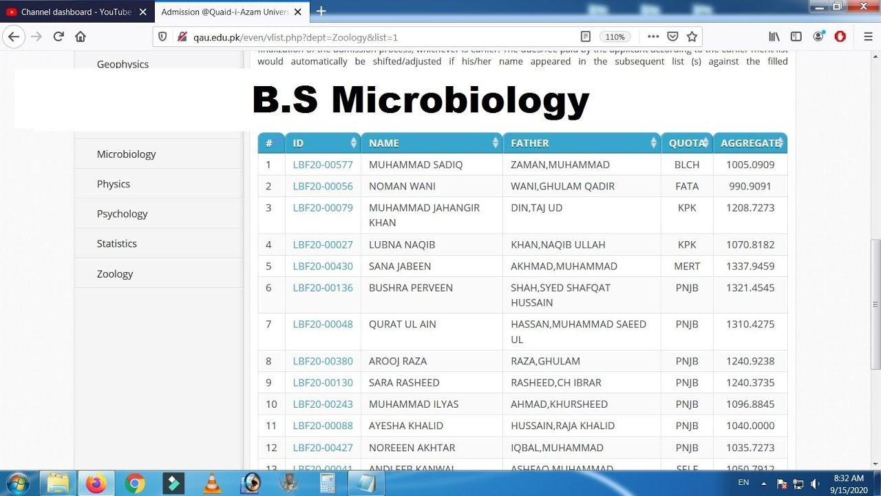 Quaid-e-Azam University | B.S Microbiology 7th Merit List 2020