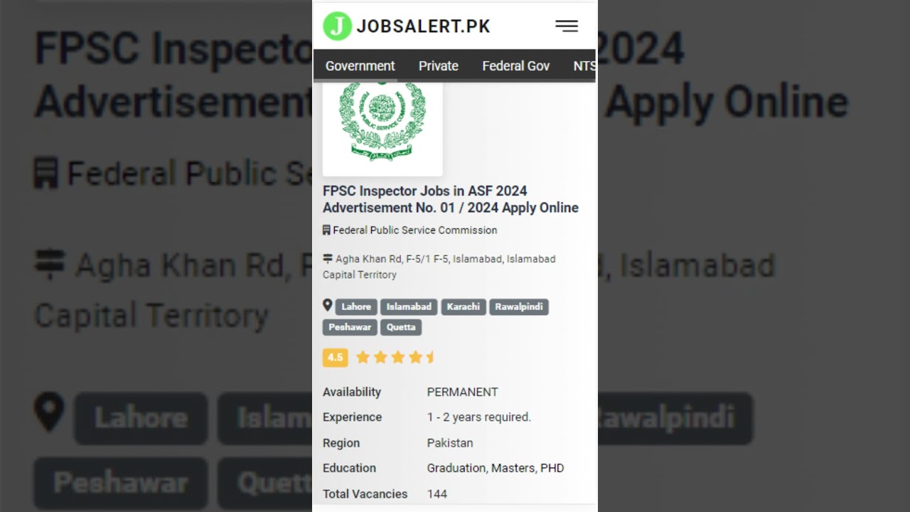 FPSC Inspector Jobs 2024 | FPSC Jobs 2024 Online Apply | Govt Jobs 2023