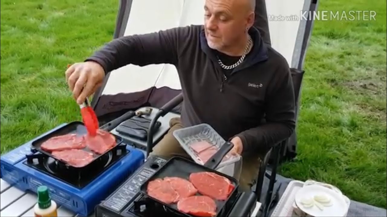 Ridgemonkey cooking.. sizzling steak & onions &  potatoes & mushrooms