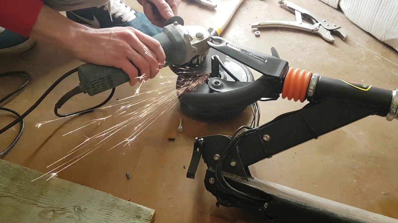 diy awd home made electric scooter, installing front wheel from hoverborad to electric scooter