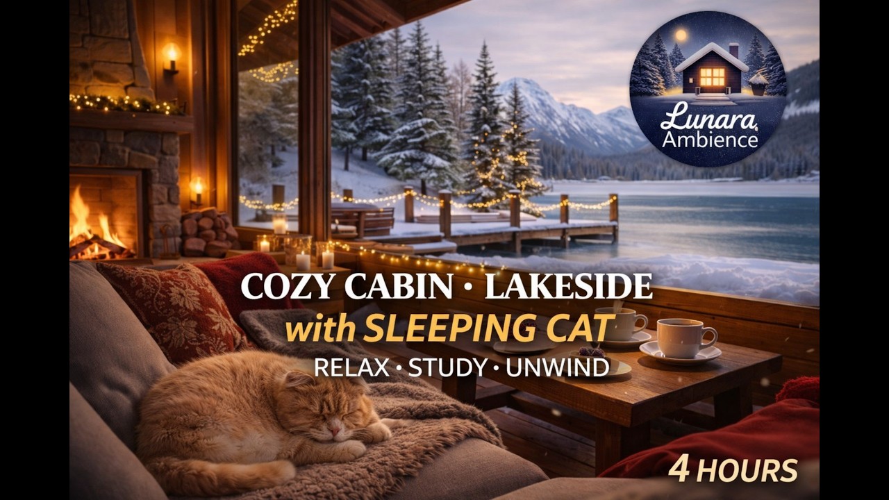 4 Hours Cozy Winter Cabin Ambience ❄️ Fireplace, Sleeping Cat & Snowfall by the Lake (Relax & Sleep)