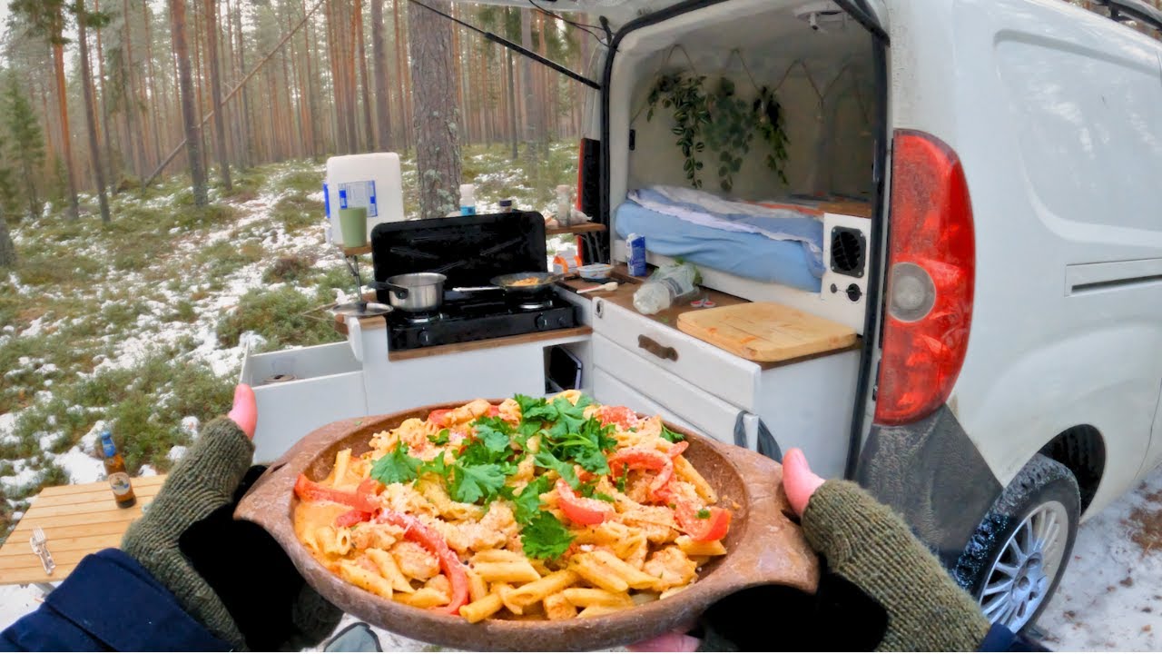 Pasta in DIY Micro Camper PULLOUT KITCHEN [POV, ASMR, Relaxed Vanlife]