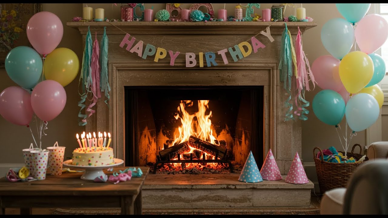 Cozy Happy Birthday Fireplace Ambience 🎂🎈 Cozy ASMR | Warm Fire Crackling Sounds