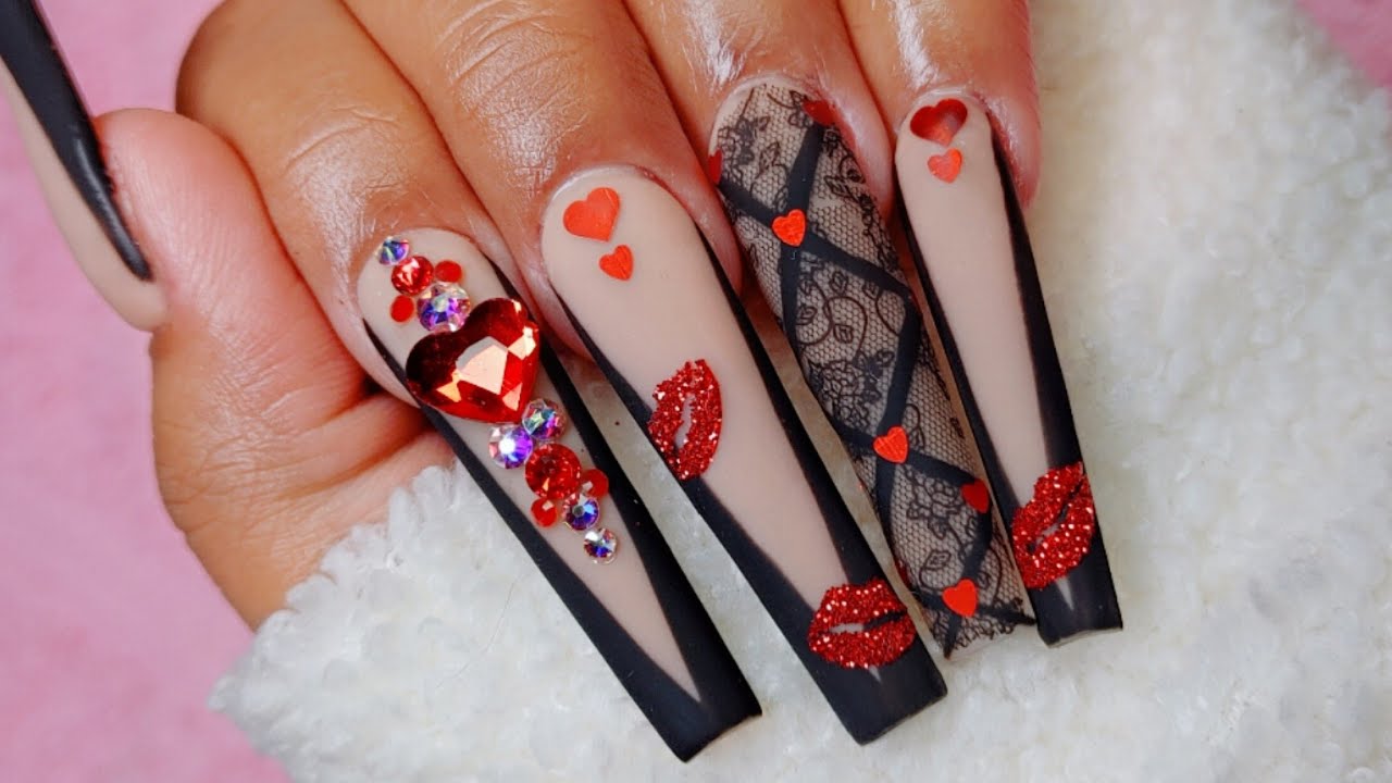 RED & BLACK LACE VALENTINES NAILS❣️🖤💋/ XXL COFFIN ACRYLIC NAILS