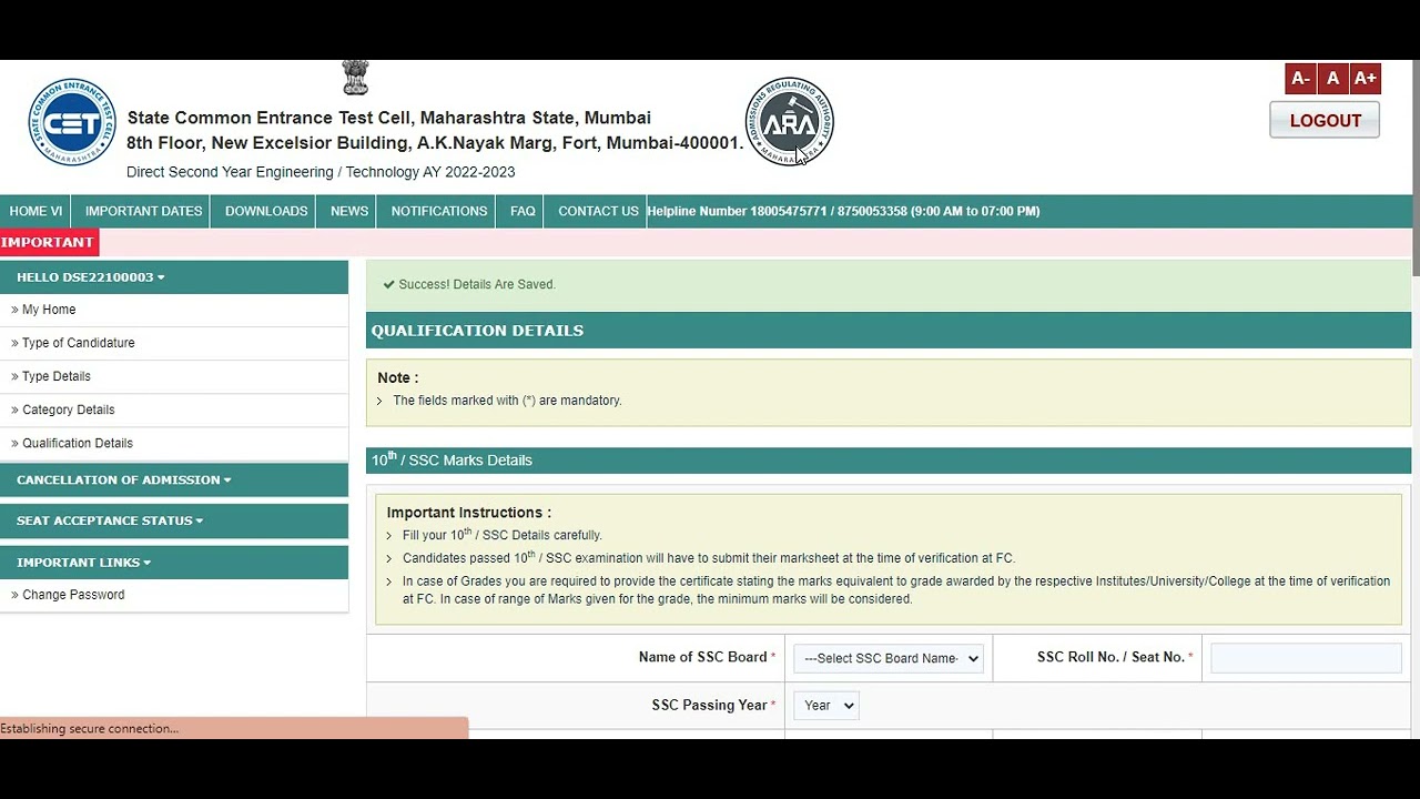 Direct Second Year Engineering / Technology AY 2022-2023 APP FORM FILLING