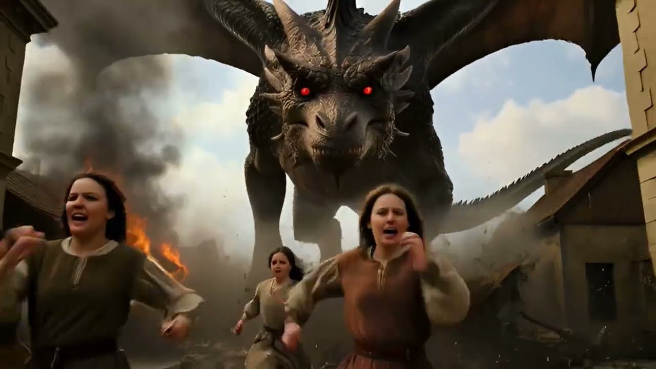 A giant dragon,a giant godzilla, a crocodile, and a giant gorilla enter the city and destroy it.