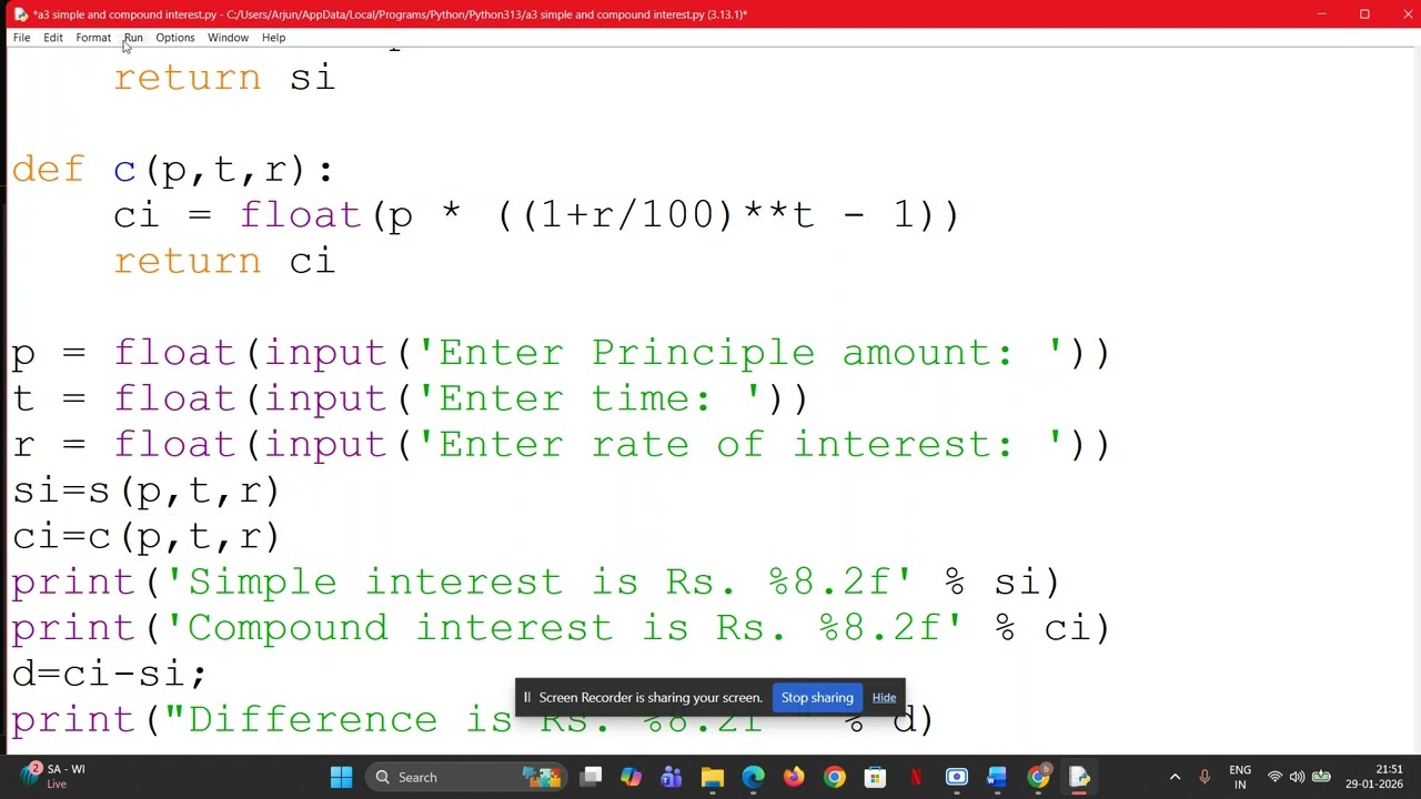 2nd PU - Computer Science - Practical programs - a3) Calculation of Interest