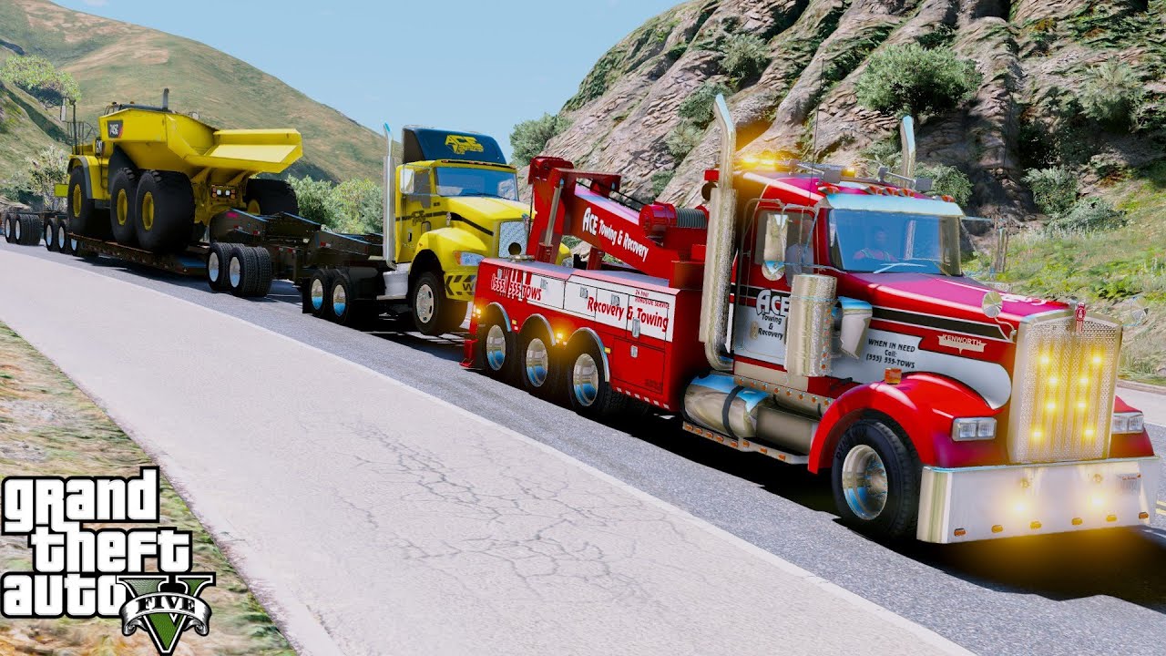 GTA 5 Real Life Mod #283 Heavy Wrecker Tow Truck тянет полуприцеп, перевозящий негабаритный строи...