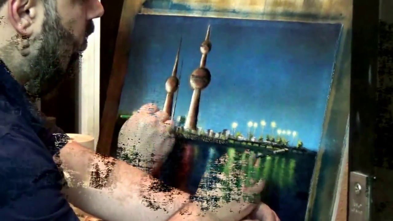 Kuwait Towers Oil Painting درس رسم ,  رسم أبراج الكويت رسم زيتي