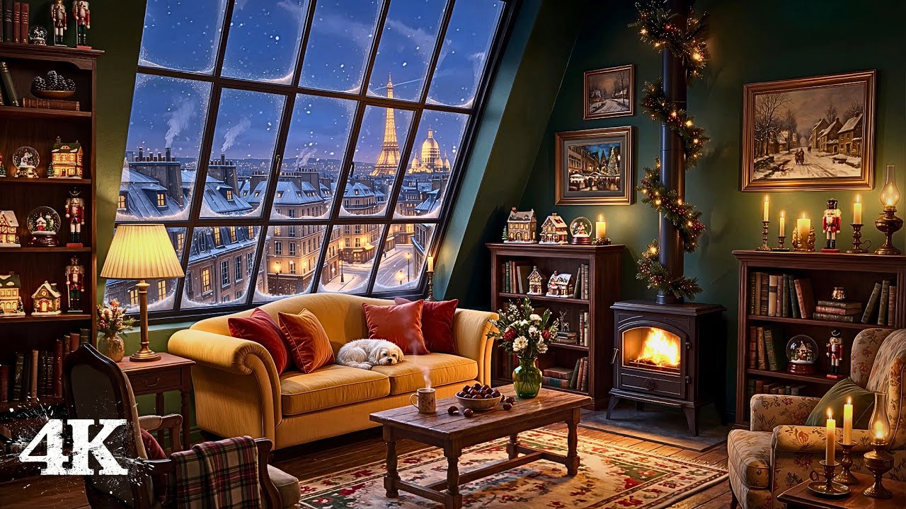 Cozy Winter in a Parisian Attic | Sink Into Deep Comfort with Fire Pops & Soft Snowfall