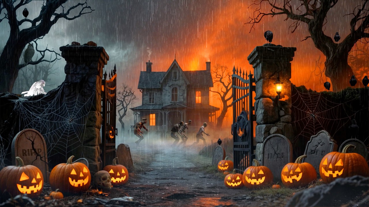 Haunted House Halloween Ambience👻 | Heavy Rain & Thunderstorm Sounds, Night Spooky Sounds for Sleep🎃