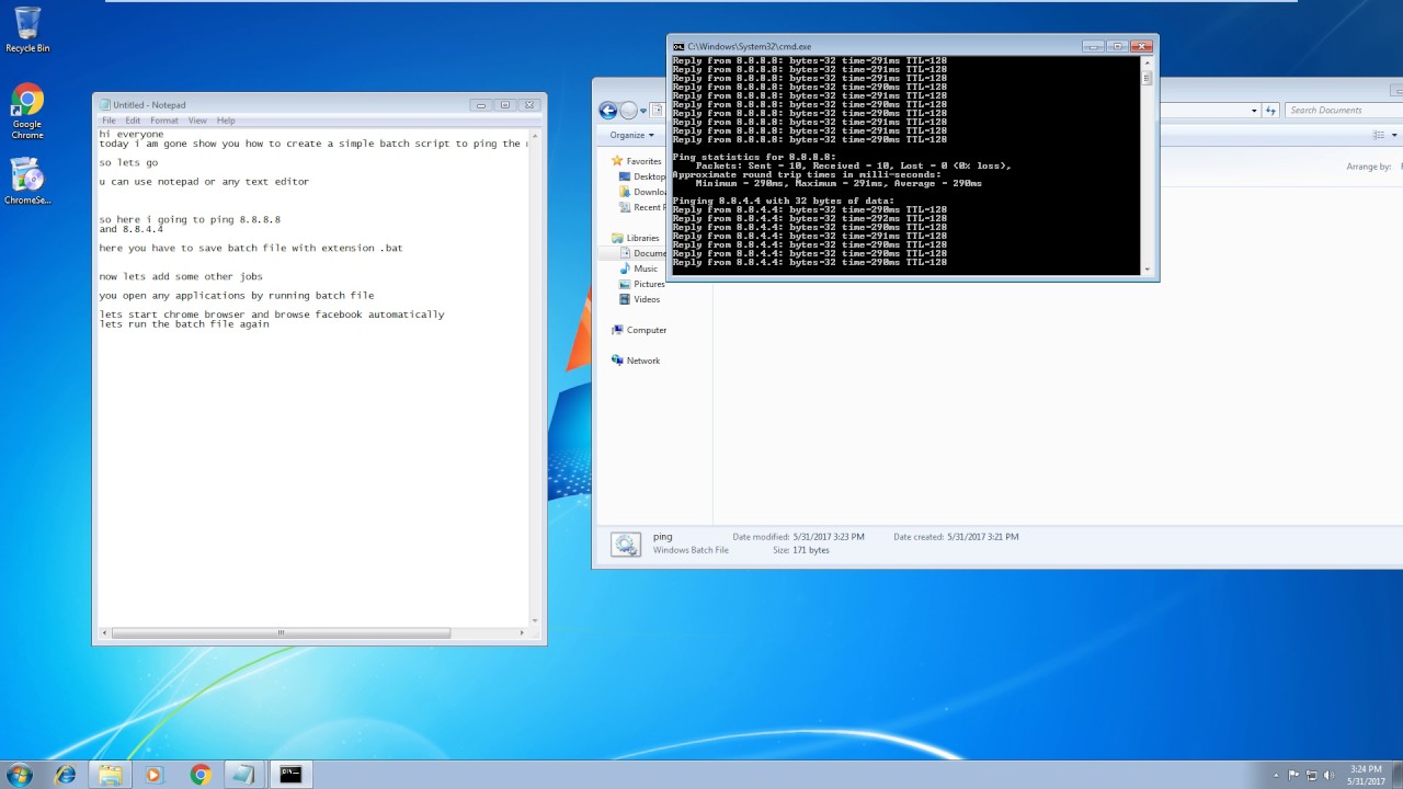 how to create a simple batch script to ping and start applications