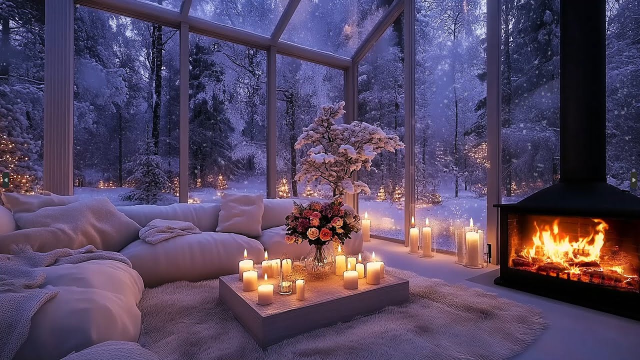 Winter Glasshouse Retreat | Soft Candlelight, Fireplace Warmth & Snowy Forest Calm