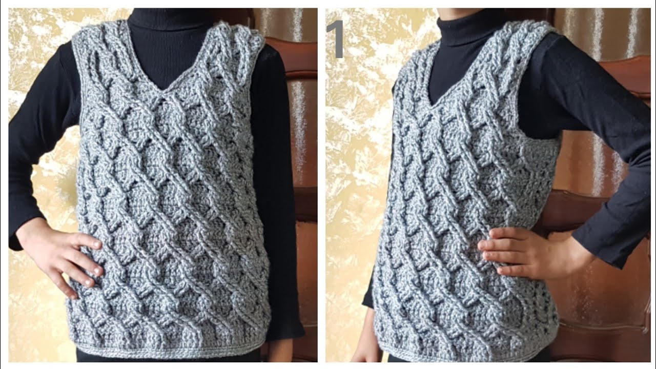 كروشية جيلي او فيست بغرزة بارزة للمبتدئين لكافة الأعمار ولادي وبناتي الجزء1  Crochet vest Tutorial