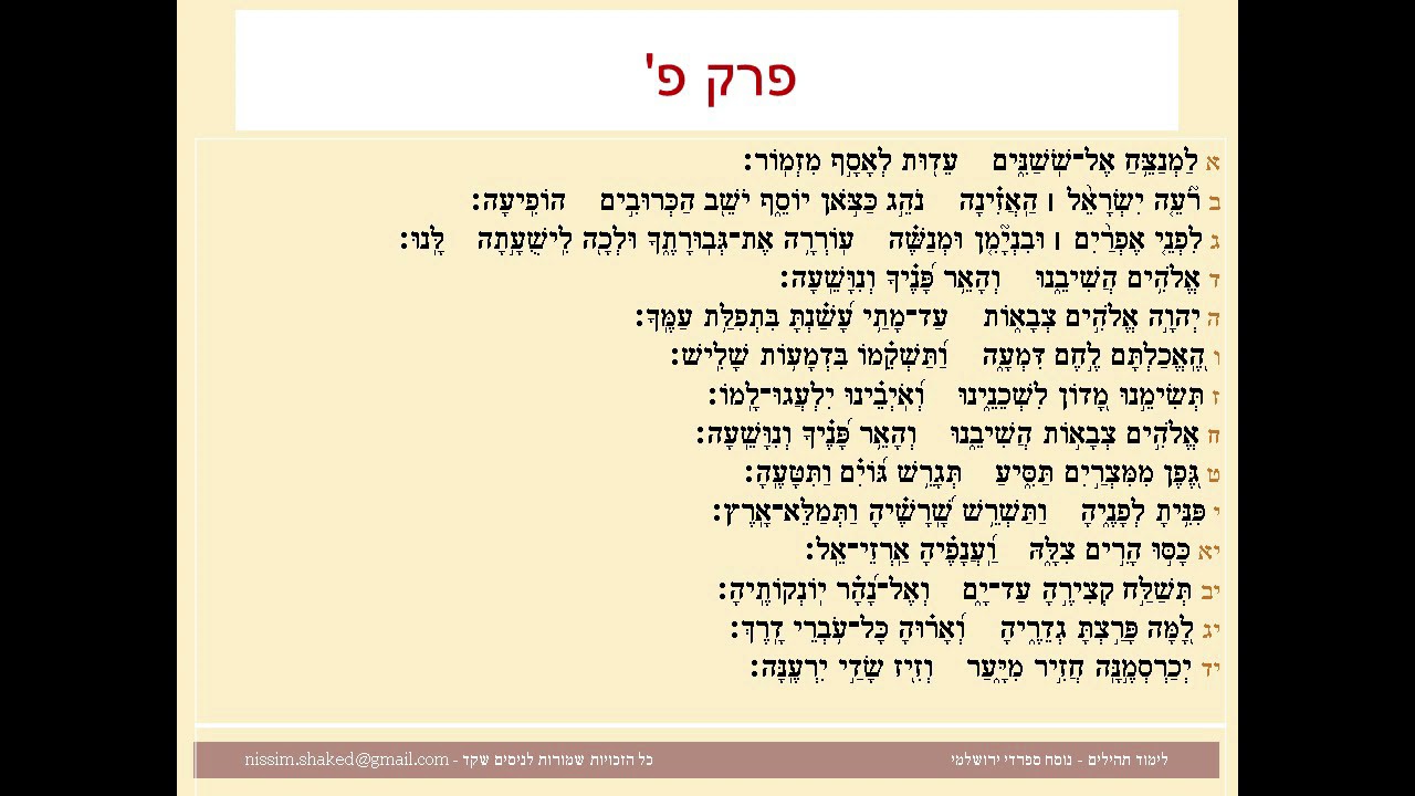 תהילים פרק פ, Psalm 80 נוסח ספרדי ירושלמי